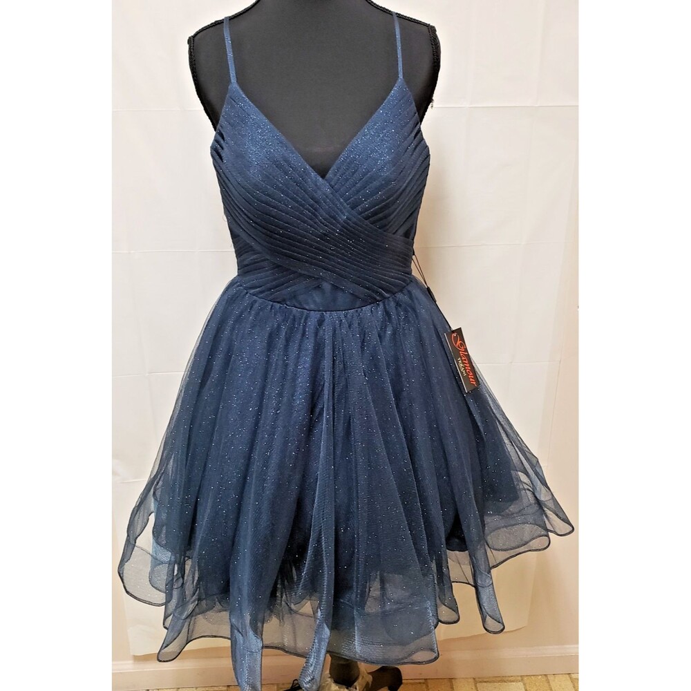Glamour by Terani Navy Blue Glitter Mini Princess Gown Sz 6 NWT